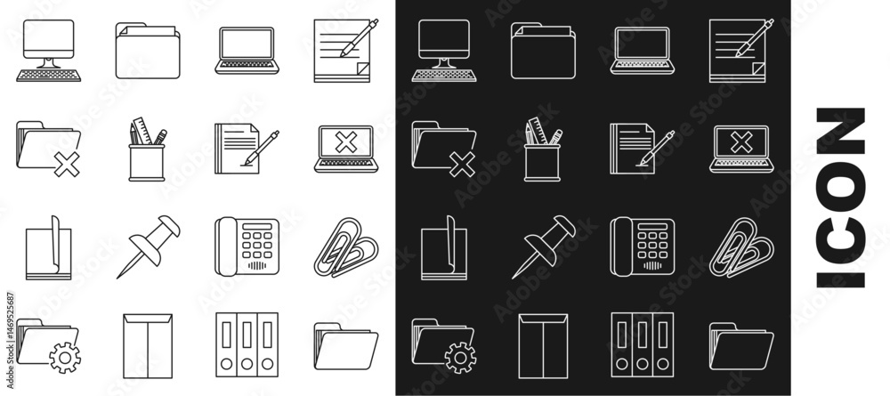 Poster set line document folder, paper clip, laptop and cross mark on screen, pencil case stationery, delet