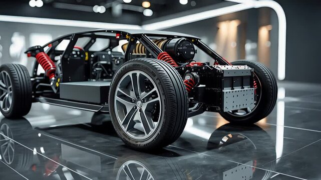 High-tech electric vehicle chassis with exposed suspension, battery pack, and drivetrain components on display in modern automotive showroom

