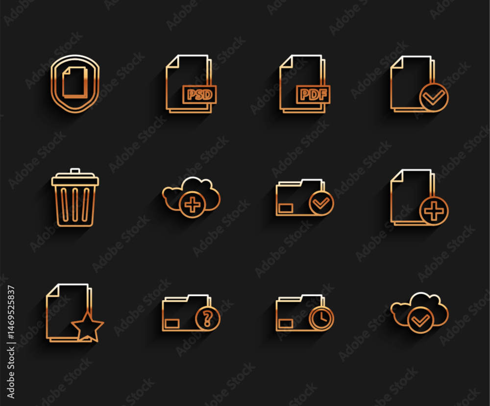 Aufkleber set line document with star, unknown document folder, protection concept, clock, cloud check mark, a
