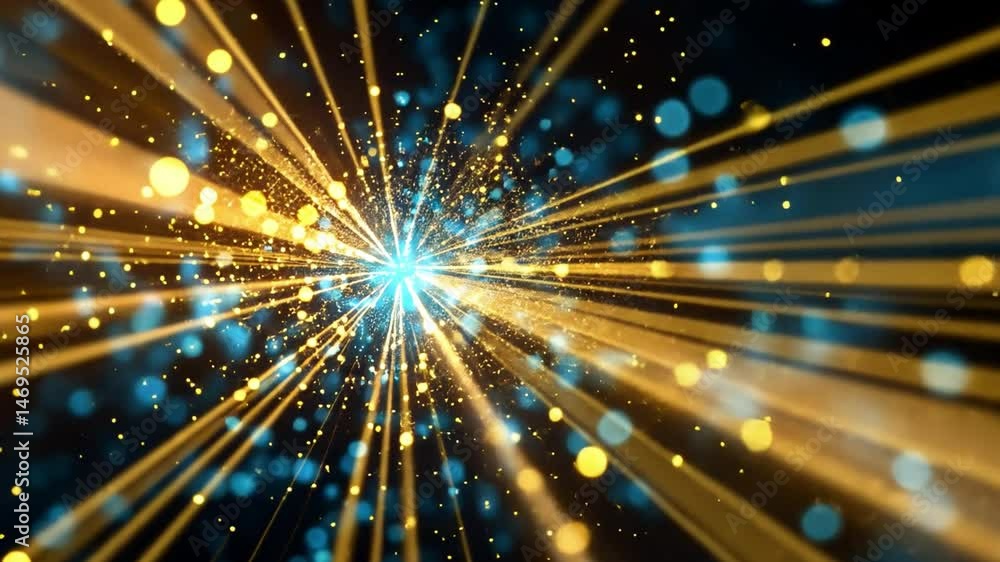 Poster vibrant light rays burst in abstract explosion of blue and gold particles, creating dynamic backgrou