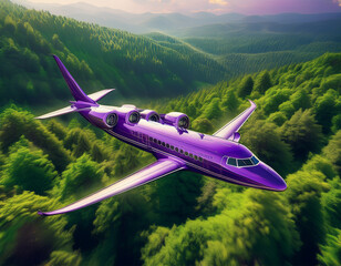 soaring adventure a captivating purple airplane gliding above lush green forests n perfect for eco tourism travel and aviation promotions
