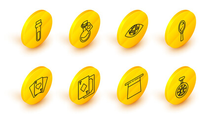 Set line Unicycle or one wheel bicycle, Magician hat, Playing cards, hand mirror, Pentagram, Bottle with love potion and icon. Vector © Oksana