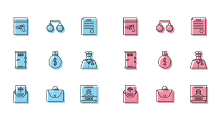 Set line Subpoena, Briefcase, Evidence bag and pistol or gun, Wanted poster, Money, Police officer, Prison cell door and Handcuffs icon. Vector