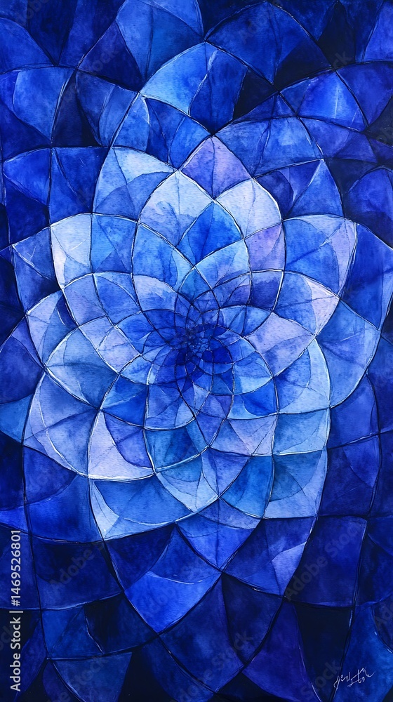 Poster flowing symmetrical geometric vortex in cobalt blue watercolor creating a tranquil background backdr