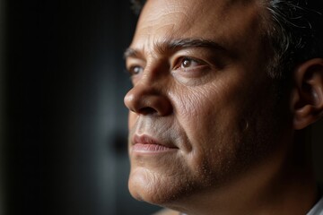 A close up of a man looking out of a window