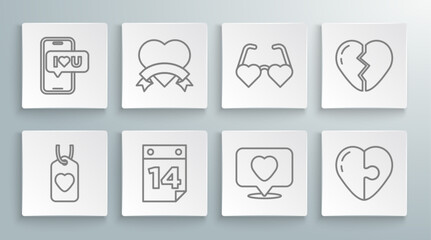 Set line Heart tag, Calendar with February 14, Like and heart, shaped love glasses, Broken and Mobile icon. Vector