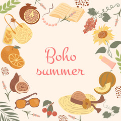 Summer frame in boho style with hand-drawn fruits, flowers, accessories and elements of nature. Vintage warm tones, seasonal composition with a summery vibe. Vector illustration