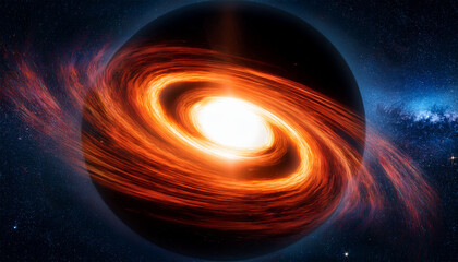 Fototapeta premium stunning astrophotography of a fiery accretion disk around a supermassive black hole featuring gravitational lensing and a cosmic dust filled background for sci fi enthusiasts