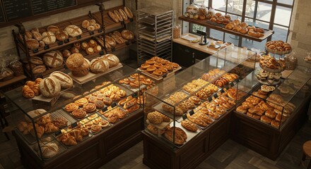 Indulge in the Aromatic Delights of a Traditional French Boulangerie: A Stunning Overhead View of Freshly Baked Breads, Pastries, and Croissants