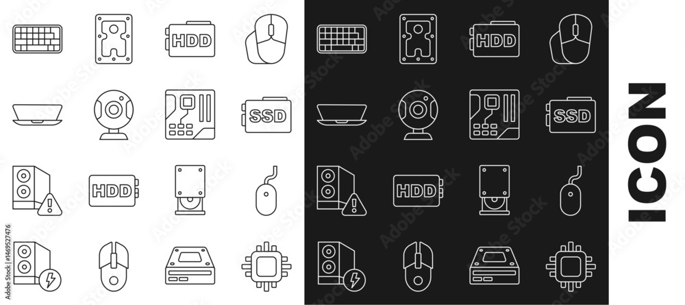 Poster set line processor with cpu, computer mouse, ssd card, hard disk drive hdd, web camera, laptop, keyb