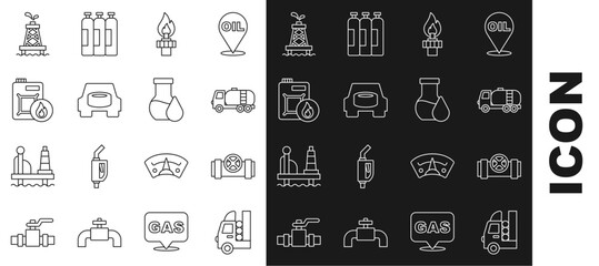 Set line Gas tank for vehicle, Metallic pipes and valve, Tanker truck, Oil rig with fire, Spare wheel in the car, Canister motor oil, and petrol test tube icon. Vector