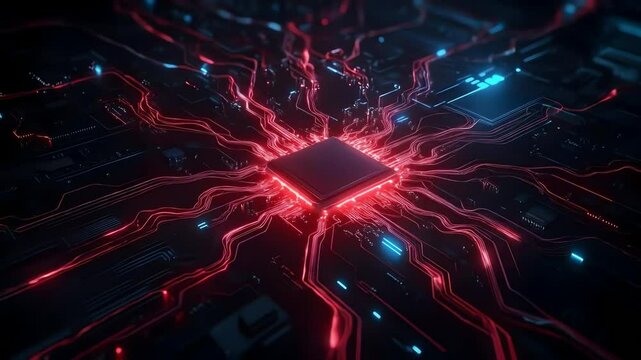Futuristic Processor Unit: Red and Blue Circuit Board