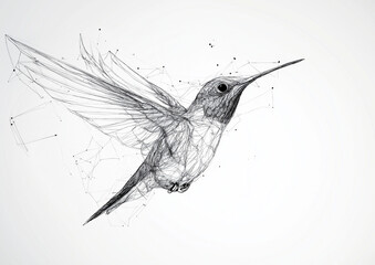 Fototapeta premium Ink line drawing of a hummingbird, flying, detailed and beautiful, on a white background.