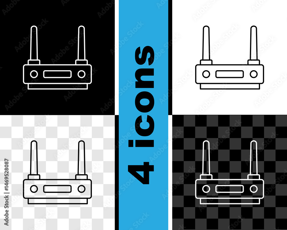 Poster set line router and wi-fi signal icon isolated on black and white, transparent background. wireless 