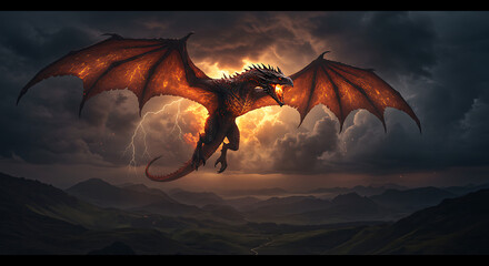 Obraz premium Fiery dragon soars through stormy skies with lightning strikes fantasy artwork