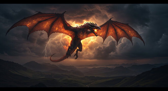 Fiery dragon soars through stormy skies with lightning strikes fantasy artwork