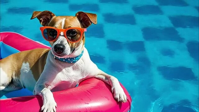 jack Russell dog in sunglasses chilling on an inflatable mattress in water by the sea or swimming pool in summer holiday vacation.