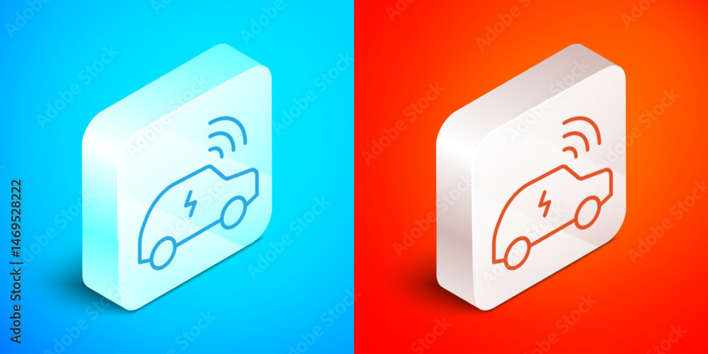 Poster isometric line smart car system with wireless connection icon isolated on blue and red background. r