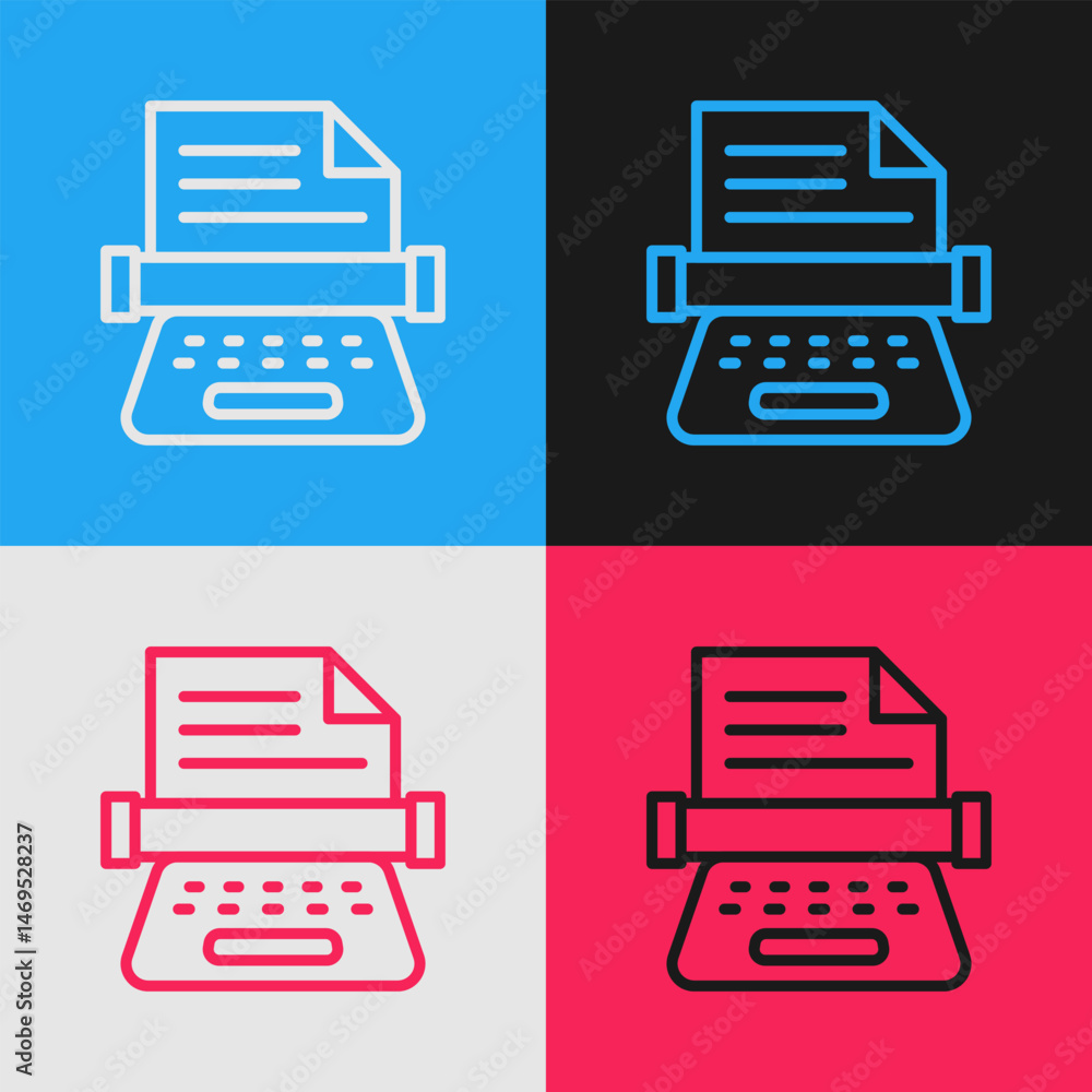 Aufkleber pop art line retro typewriter and paper sheet icon isolated on color background. vector