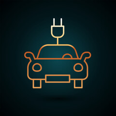 Gold line Electric car and electrical cable plug charging icon isolated on dark blue background. Renewable eco technologies. Vector
