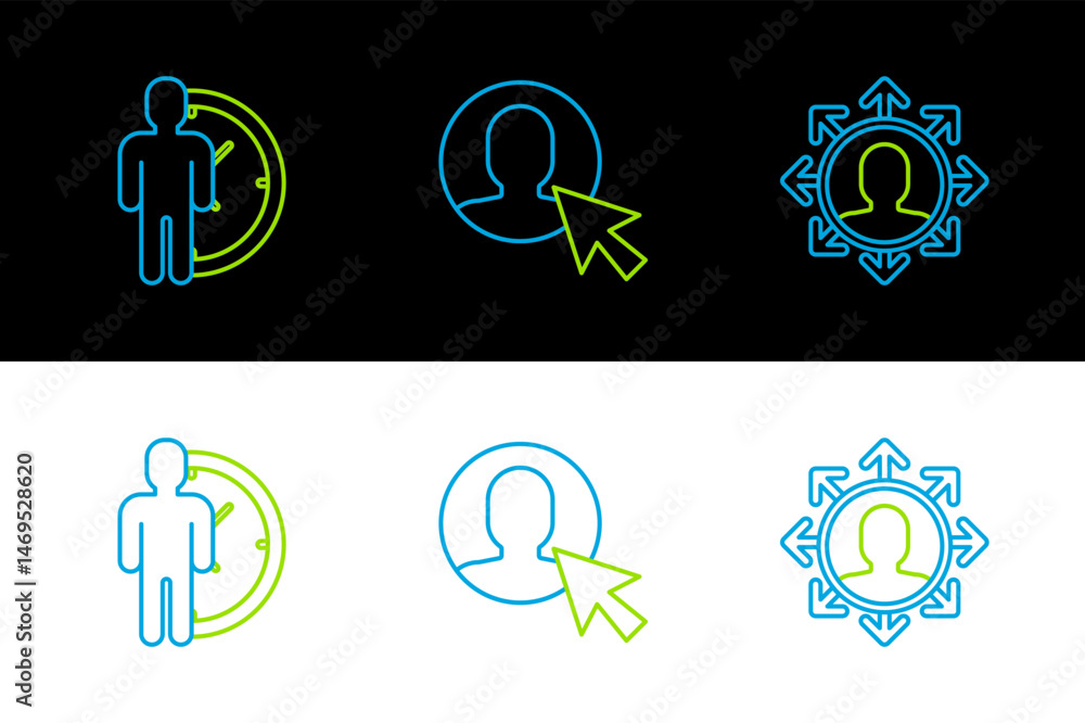 Poster set line project team base, time management and user of man in business suit icon. vector
