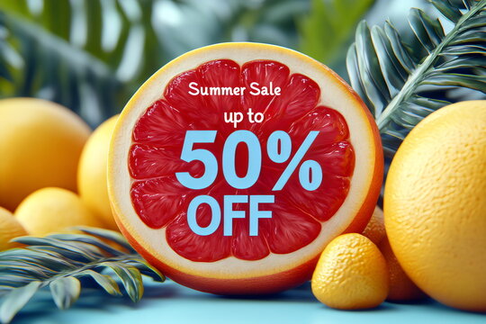 Brightly colored fruits and tropical leaves create a cheerful atmosphere, showcasing a summer sale campaign highlighting discounts of up to 50 percent. Perfect for shopping lovers seeking savings
