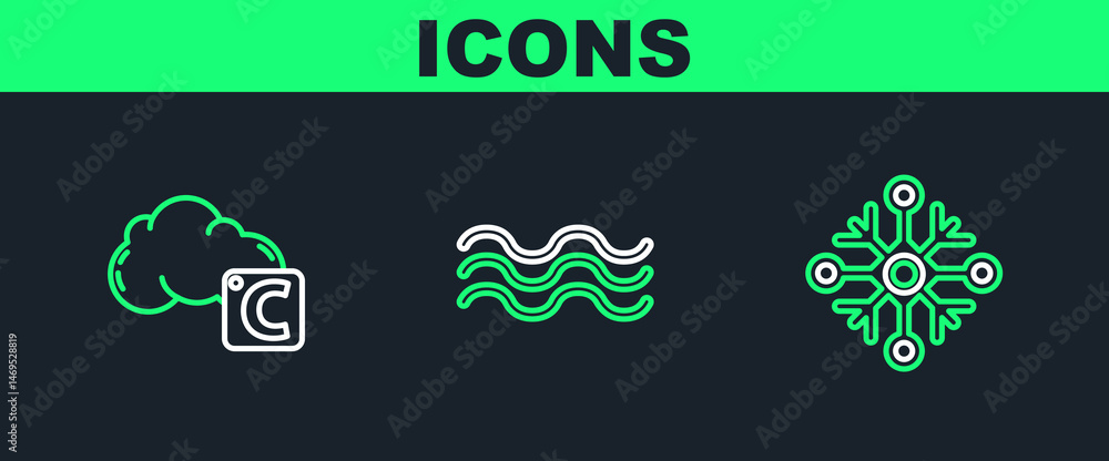 Poster set line snowflake, celsius and cloud and waves icon. vector