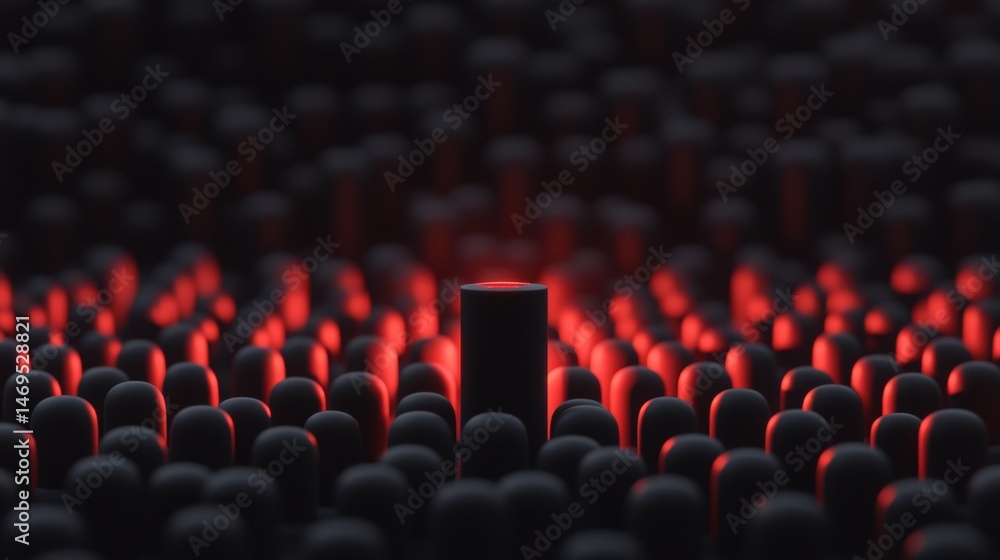 Poster a 3d rendering of a futuristic cityscape with glowing red spheres.