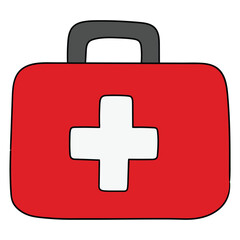 Obraz premium Hand drawn cartoon first aid kit on white background.