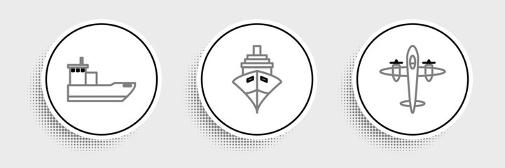 Set line Old retro vintage plane, Cargo ship and icon. Vector