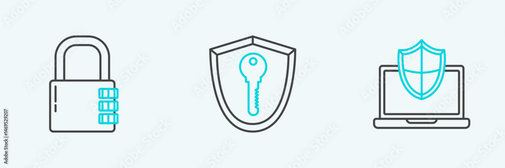 Poster set line laptop protected with shield, safe combination lock and shield key icon. vector
