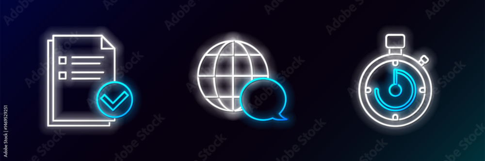 Poster set line briefcase, document and check mark and world map made from speech bubble icon. glowing neon