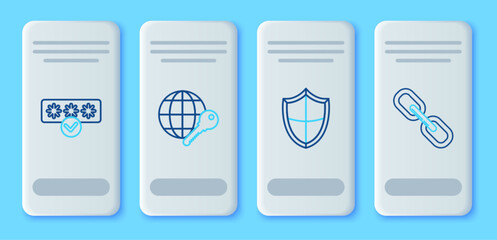 Set line Globe key, Shield, Password protection and safety access and Chain link icon. Vector