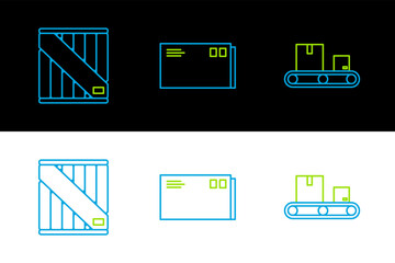 Set line Conveyor belt with cardboard box, Wooden and Envelope icon. Vector
