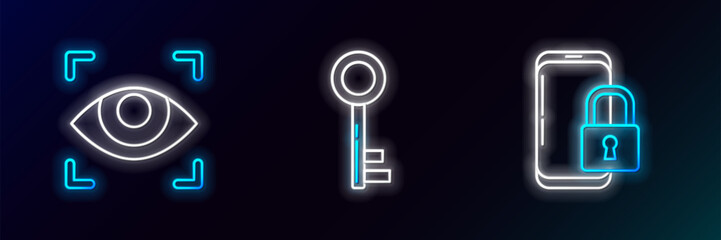 Set line Smartphone with closed padlock, Eye scan and Key icon. Glowing neon. Vector © Oksana