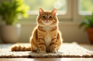 portrait of a red fluffy cat sitting on a rug in a room on a sunny day