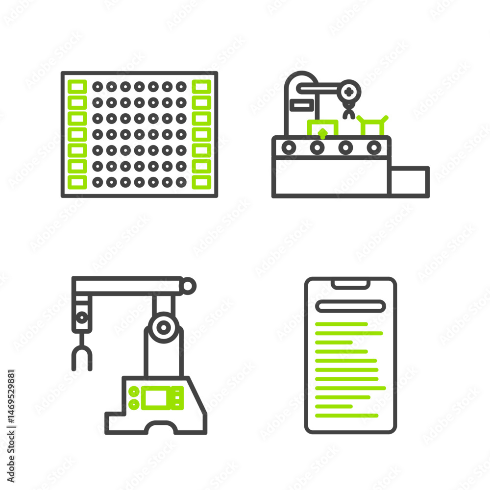 Poster set line computer api interface, assembly line, factory conveyor system belt and printed circuit boa