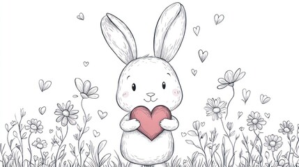 Fototapeta premium Cute bunny holding heart, flower field, Valentine's card