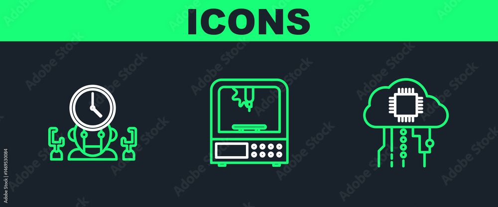 Poster set line internet of things, robot and digital time manager and 3d printer icon. vector