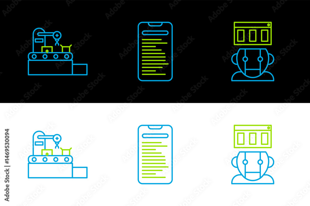Aufkleber set line robot, factory conveyor system belt and computer api interface icon. vector