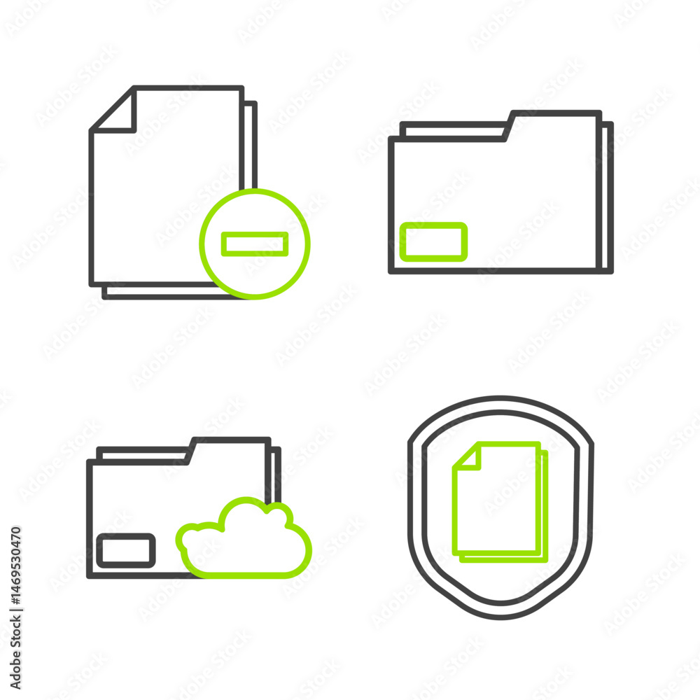 Poster set line document protection concept, cloud storage text document folder, and with minus icon. vecto
