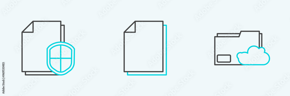 Poster set line cloud storage text document folder, document protection concept and icon. vector