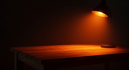 Warm Glow on Rustic Wood: Illuminated Tabletop with Vintage Desk Lamp, Perfect for Product Displays and Moody Ambiance