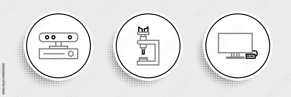 Aufkleber set line smart tv, motion sensor and microscope icon. vector