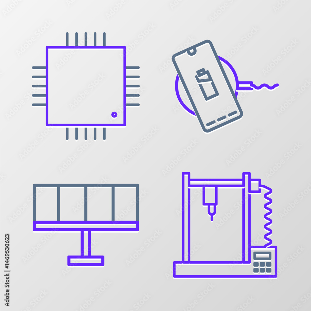 Poster set line 3d printer, solar energy panel, wireless charger and processor with microcircuits cpu icon.
