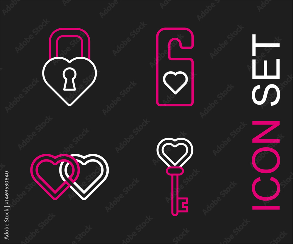 Poster set line key in heart shape, two linked hearts, please do not disturb with and castle the of icon. v