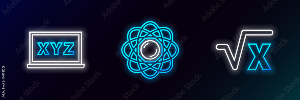 Aufkleber set line square root of x glyph, xyz coordinate system and atom icon. glowing neon. vector