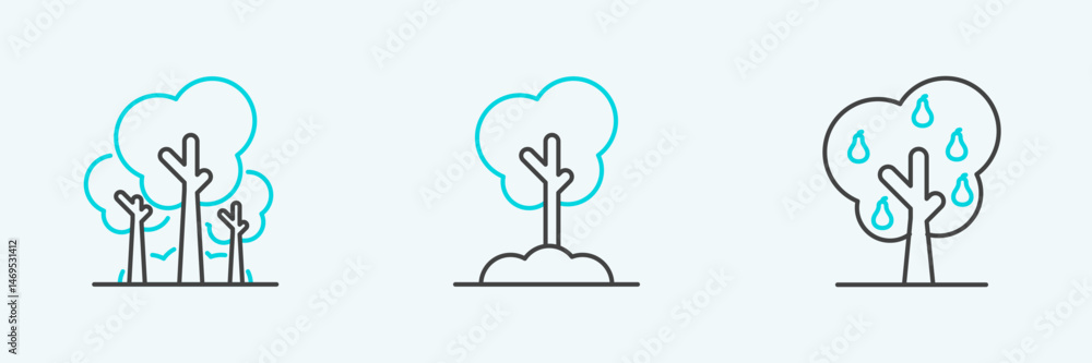 Poster set line tree with pears, trees and in the ground icon. vector