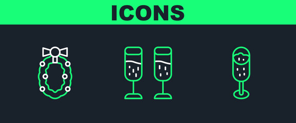 Set line Glass of champagne, Christmas wreath and icon. Vector