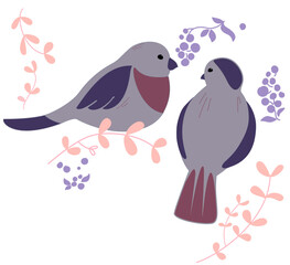 Two Birds sitting among Plants and Berries - Vector Illustration in calm tones